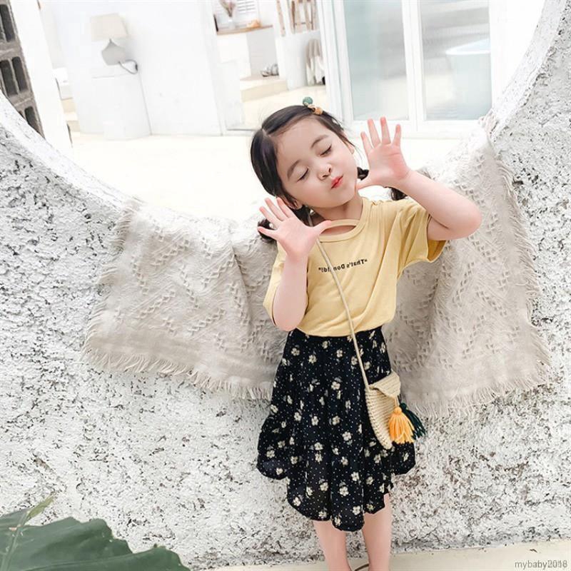My Baby  Girls Casual Short Sleeve Letter Print T-shirt +Floral Short Skirts Set