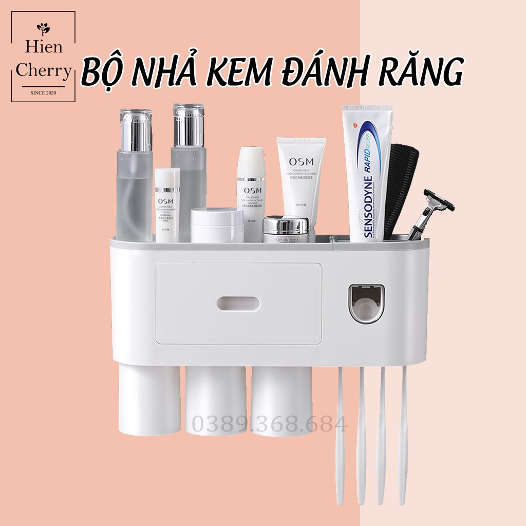 Bộ nhả kem đánh răng tự động cao cấp, dán tường, kèm giá để đổ, cốc nước và giá treo bàn chải đánh răng