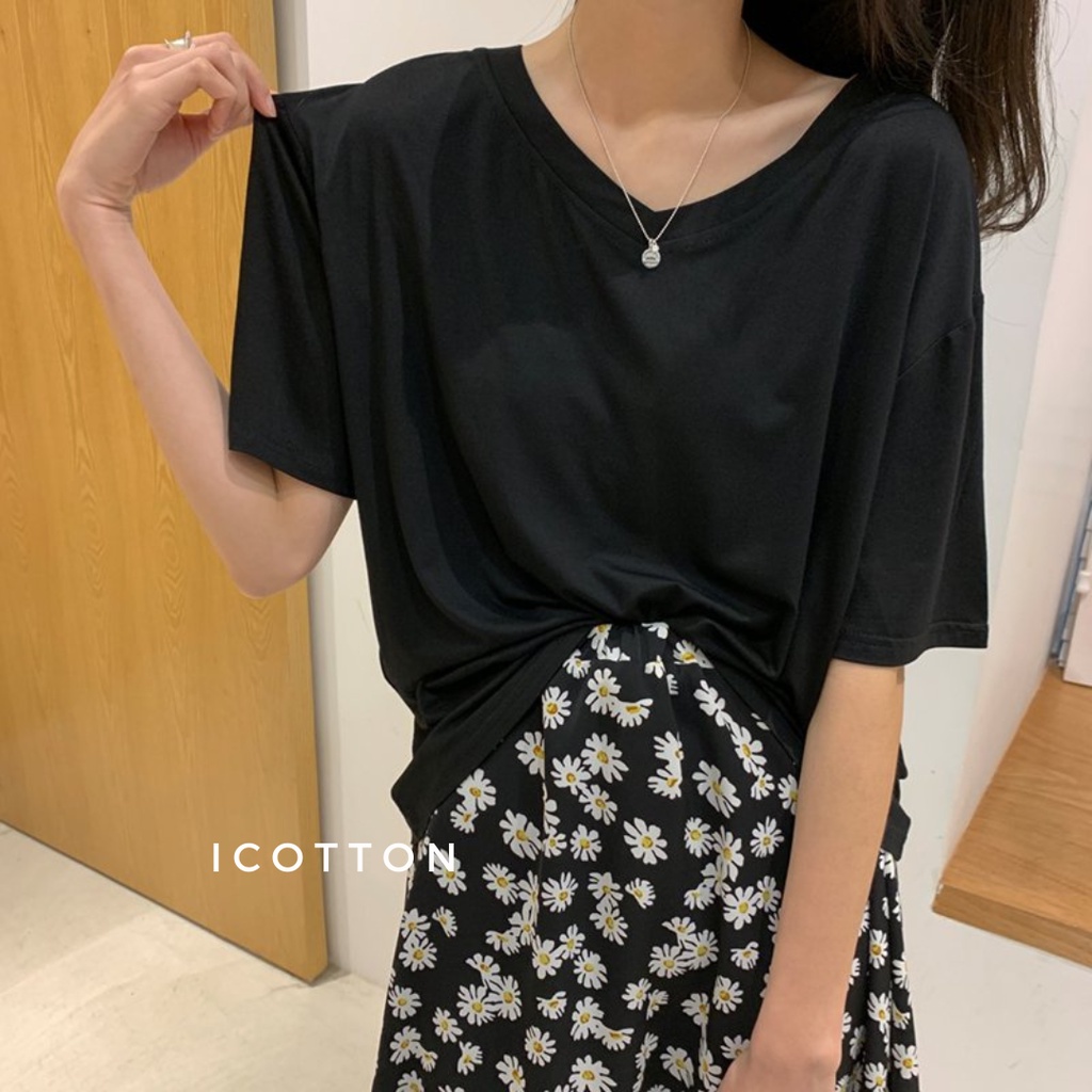 Áo thun form rộng tay lỡ ❤ICOTTON❤️ áo phông trơn trắng đen ghi 100% cotton cao cấp, kiểu dáng oversize, basic