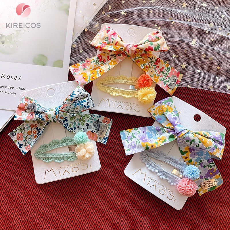 Set 2 Kẹp Tóc Nơ Hoa Nhí Và kẹp Bấm Mái Quả Cầu Lưới