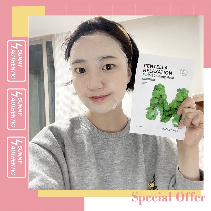 10 Miếng Mặt Nạ Tinh Chất Rau Má LOOKS & MEII  Cho Da Dầu Mụn Centella Relaxation Perfect Calming Mask 30g