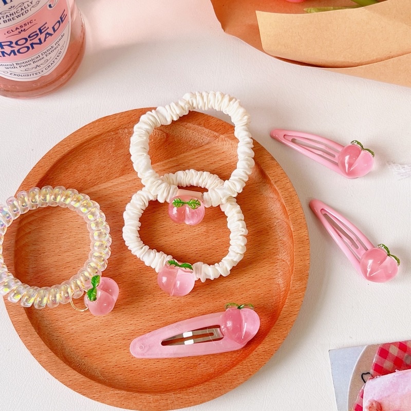 Dây Buộc Tóc Cao Su Họa Tiết Quả Đào Màu Hồng Dễ Thương Quyến Rũ Phong Cách Hàn Quốc