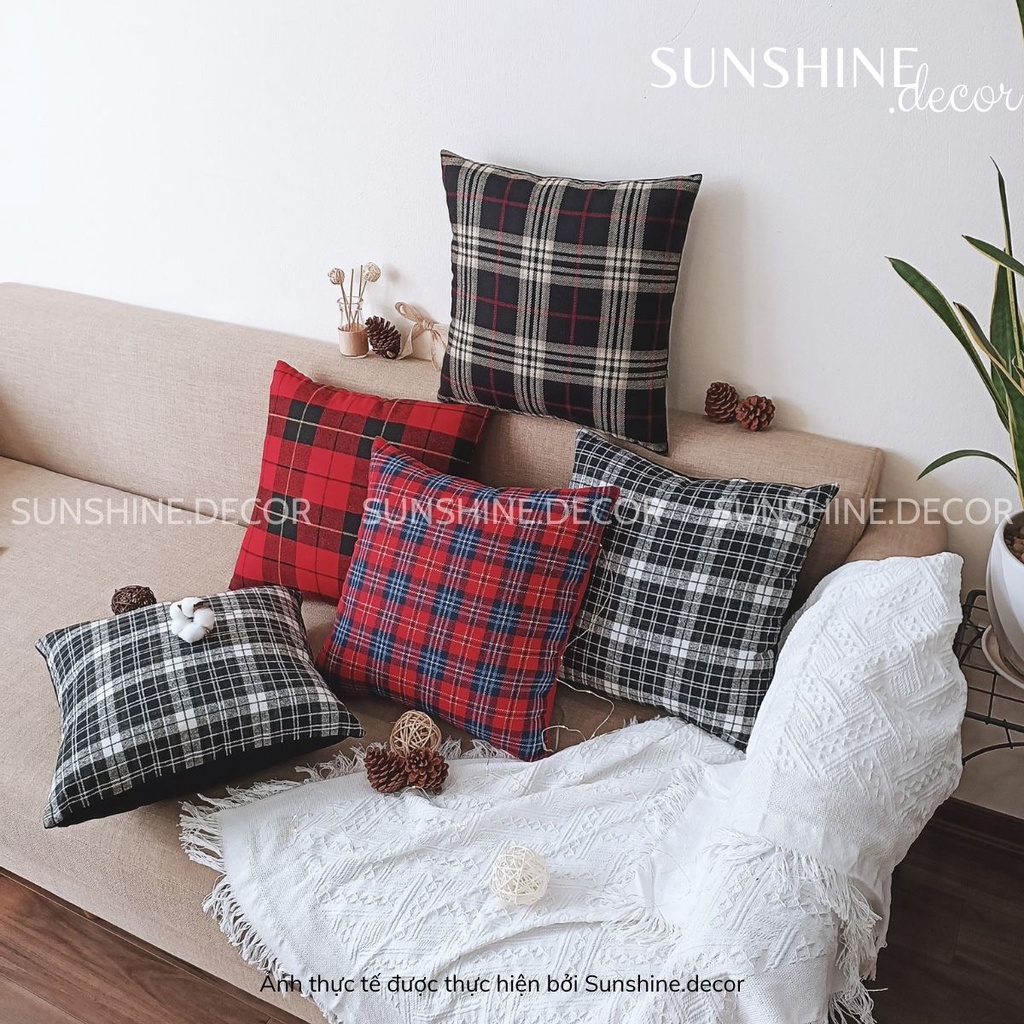 Vỏ gối sofa, bọc gối tựa lưng, áo gối ôm họa tiết kẻ caro phong cách Bắc Âu-Sunshine.decor