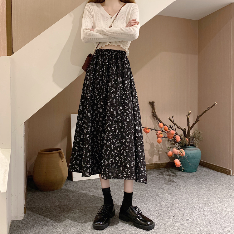 Xiaozhainv Chân Váy Midi Dáng Chữ A Lưng Cao In Hoa Phong Cách Hàn Quốc 2 Màu Lựa Chọn