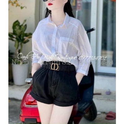 Áo sơ mi thô 1 túi vạt bầu tay lỡ