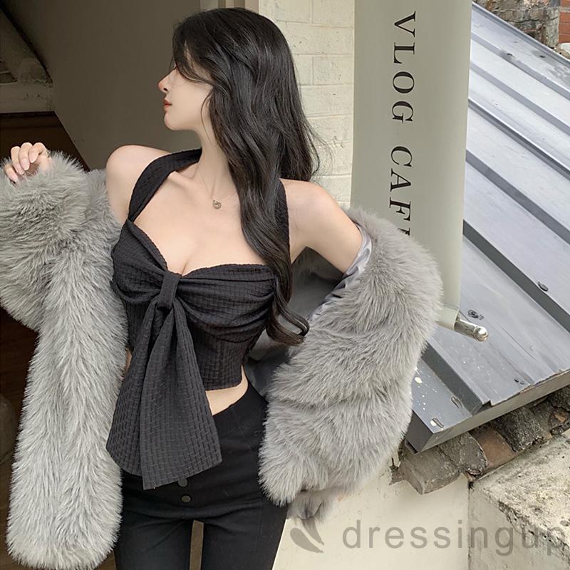 DRE-Women’s Casual Halter Tank Tops,Fashion Solid Color Bow V-neck Backless Exposed Navel Camisole