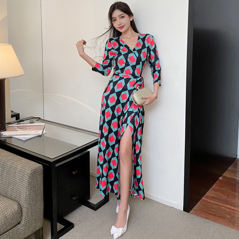 Đầm maxi tay 3/4 cột dây in họa tiết cổ điển thời trang cho nữ