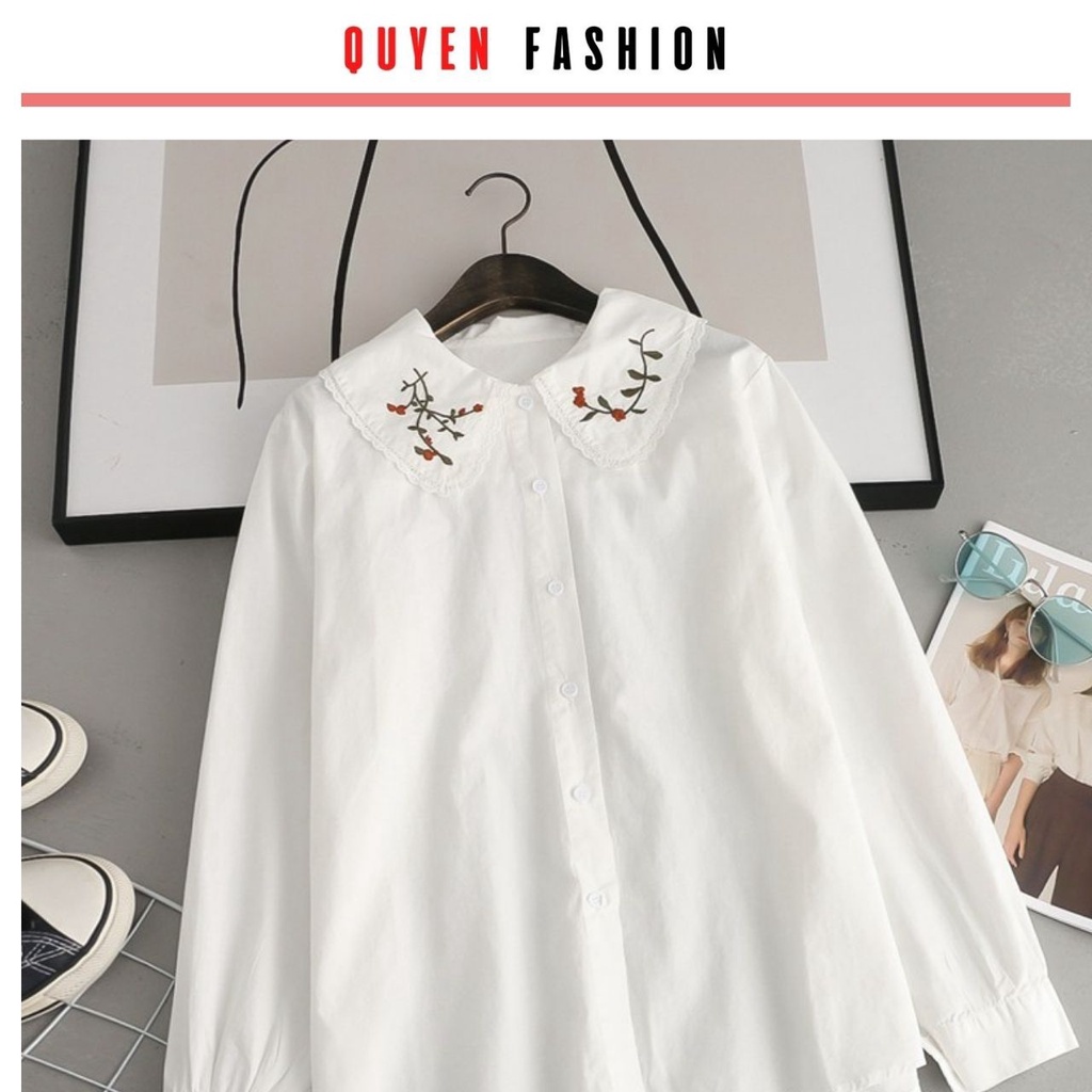 Áo sơ mi cổ thêu hoa công sở Quyên Fashion AA555 màu trắng tay tiểu thư