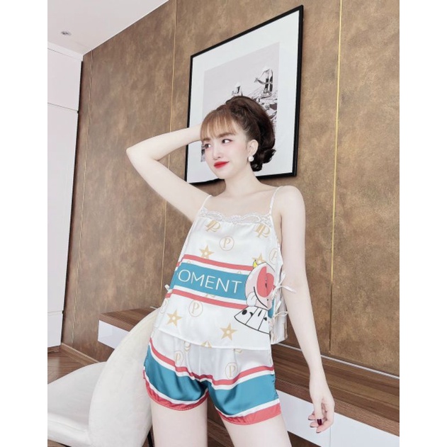 Bộ lụa hai dây nơ đùi phối ren họa tiết xinh xắn