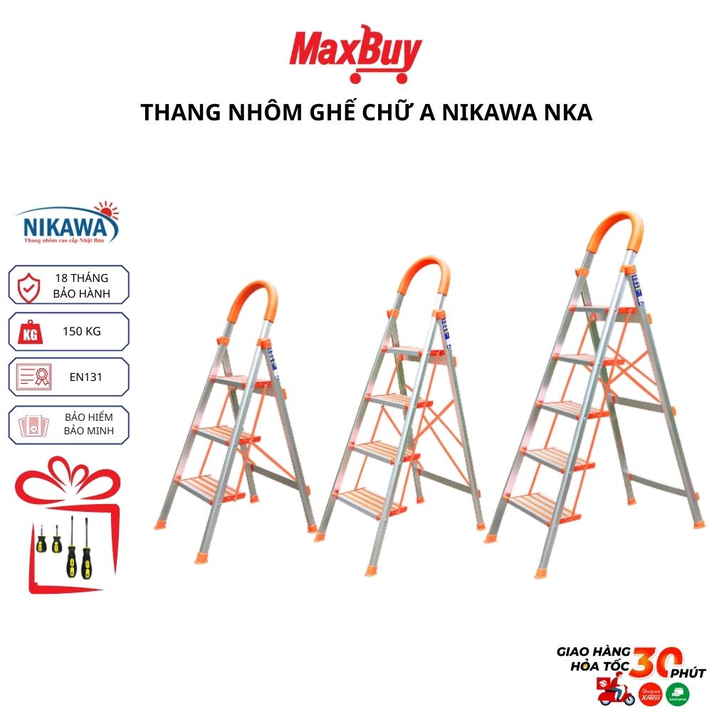 Thang nhôm chữ a 3 4 5 bậc thang ghế tay vịn xếp gọn đa năng NIKAWA bảo hành chính hãng 18 tháng MAXBUY NKA