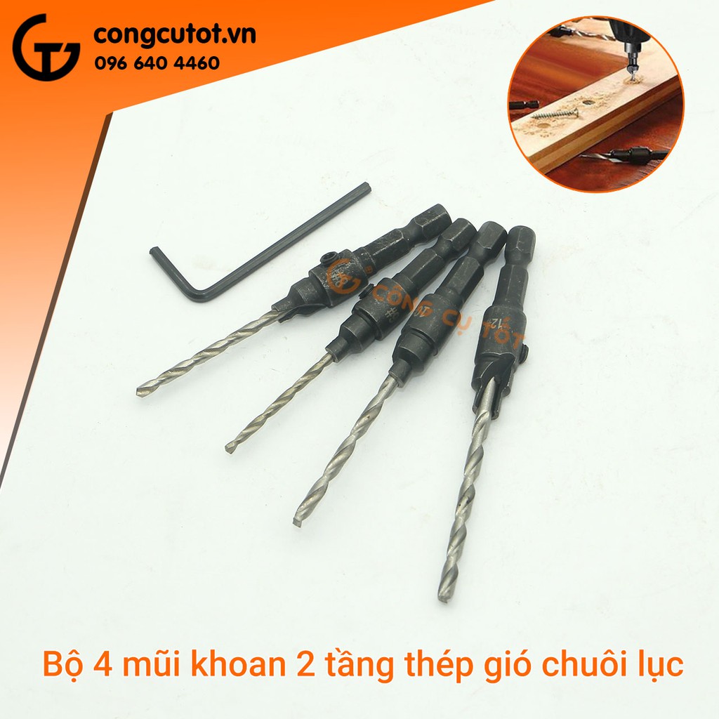 Bộ 4 mũi khoan 2 tầng chỉnh cữ 2.38-3.56 mm thép gió chuôi lục