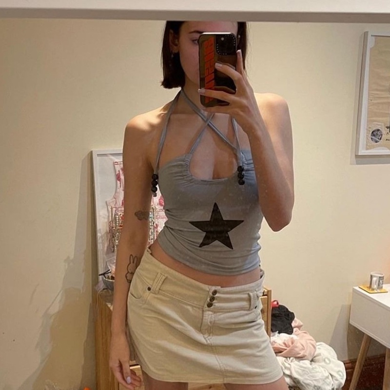 Áo Tank Top Hở Lưng Xếp Ly In Hình Ngôi Sao Thời Trang Cá Tính Cho Nữ