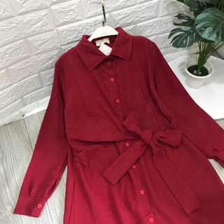 Váy nhung đỏ buộc nơ (ảnh thật)