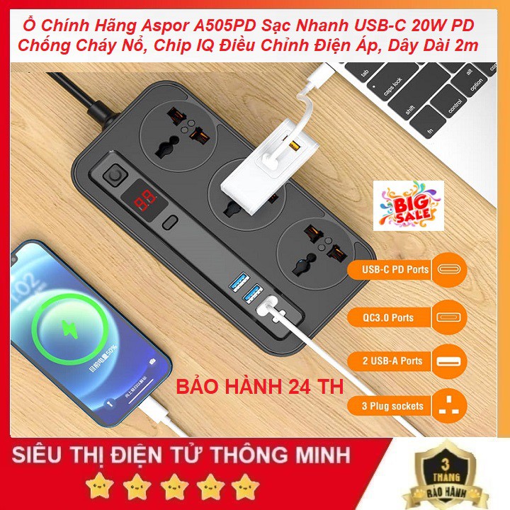 Ổ Điện Chính Hãng Aspor A505-PD, Sạc Nhanh USB C-PD 20W - Có Hẹn Giờ - Chống Cháy Nổ - Dây Dài 2m