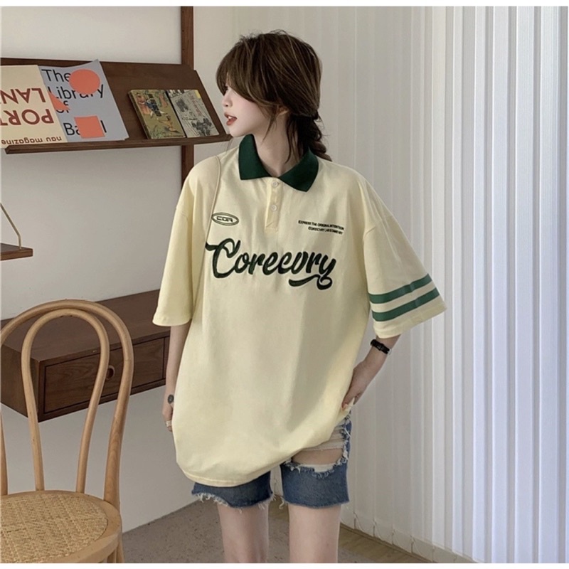 Áo thun Polo COREEVRY tan / đen viền tay áo cá sấu nam nữ unisex áo thun có cổ form rộng