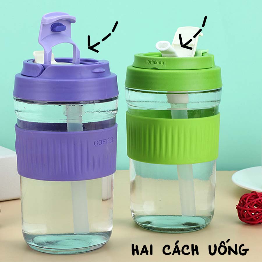 Bình Nước Thủy Tinh Bọc Silicone Kèm Ống Hút Nắp Bật Tiện Lợi Cho Bé, Người Lớn BTT007