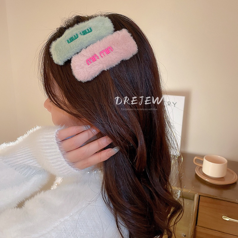 Kẹp tóc Drejew lông nhung nhiều màu sắc in chữ thời trang thu đông cho nữ