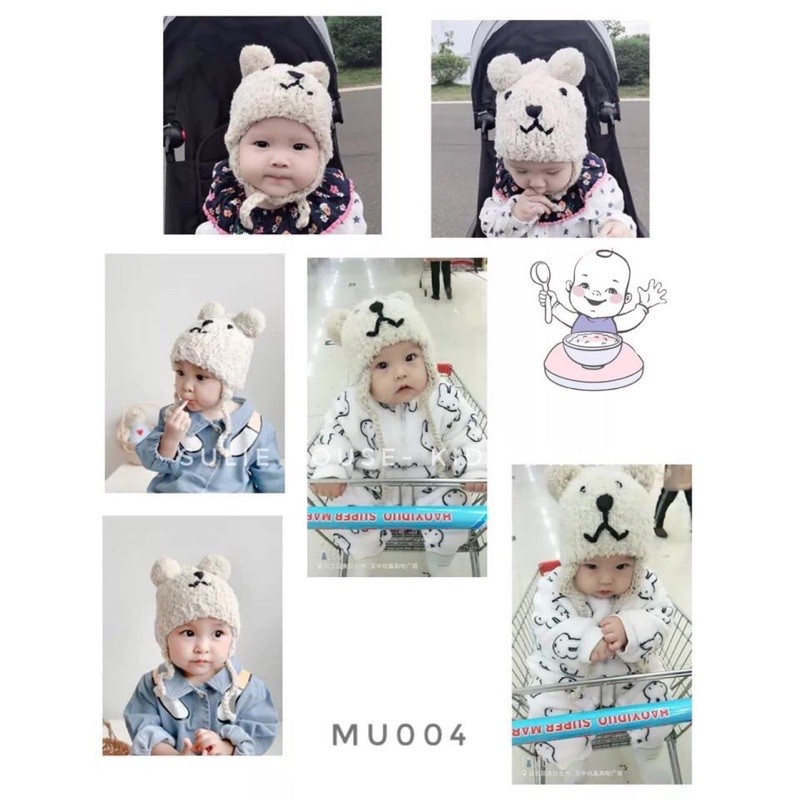 Mũ len bông gấu có quai MU004
