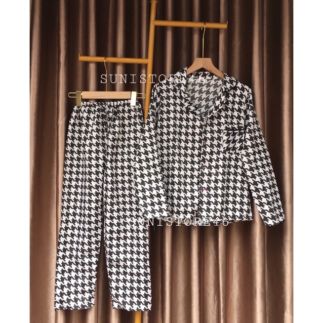 Bộ ngủ pijama hoạ tiết răng sói kẻ caro đen ô zíc zắc tay dài quần dài - Bộ đồ tay dài den - Đồ ngủ dài tay