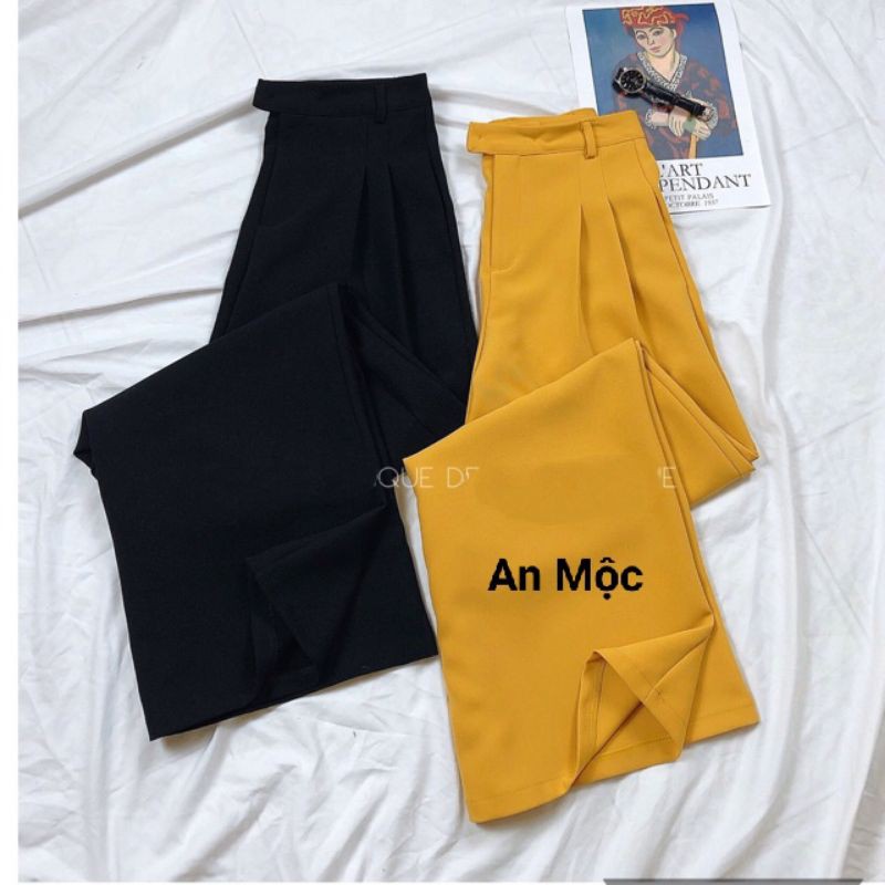 [ AN MỘC] Quần ống rộng  Uzzlang xếp 2 lý hông from dấu cúc cài lệch tôn dáng