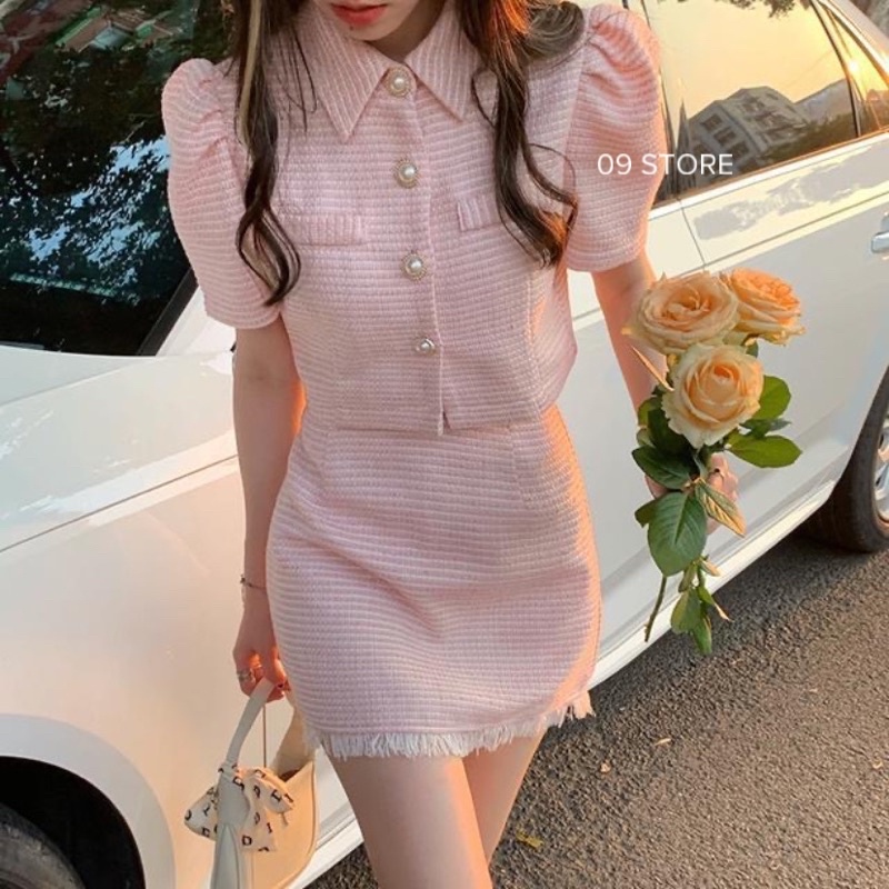 Set áo dạ nút ngọc + chân váy dạ tweed hồng baby phong cách Hàn Quốc