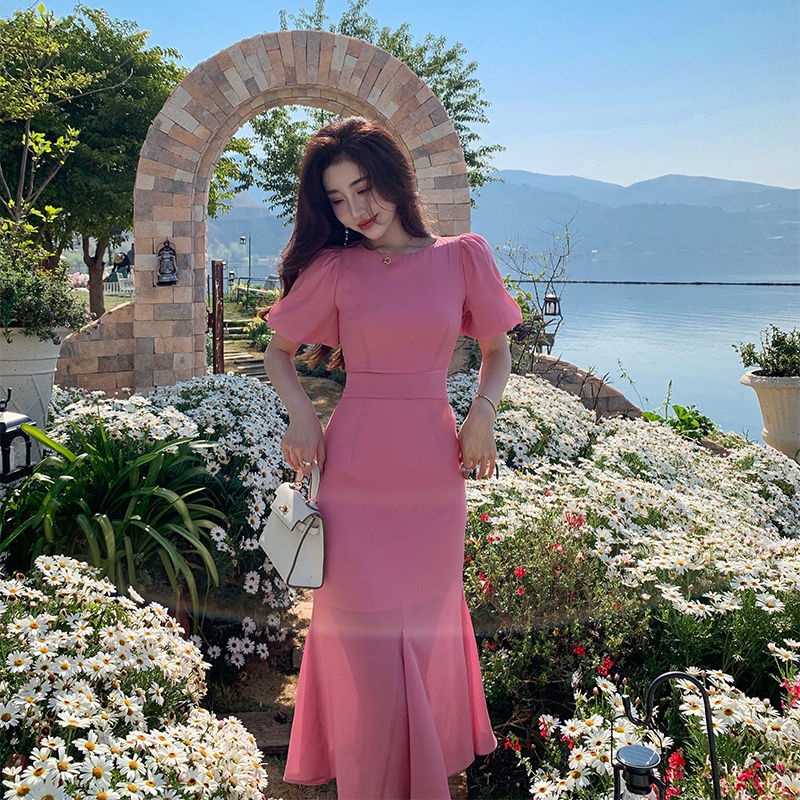 Đầm Đuôi Cá Dáng Ôm Màu Hồng Thời Trang Mùa Hè Dành Cho Nữ
