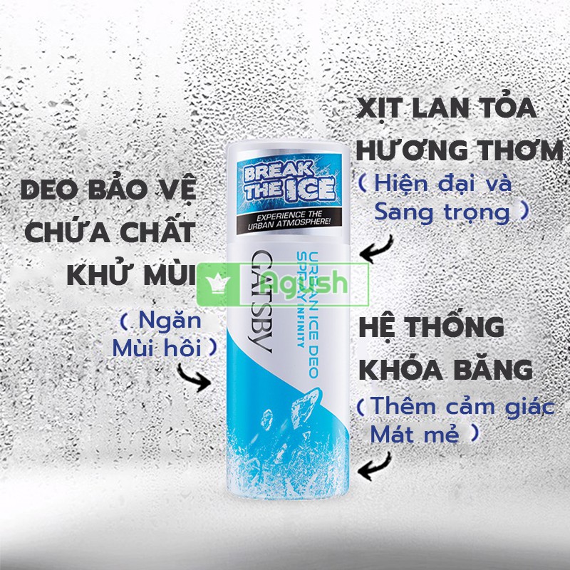 Xịt khử mùi nam ngăn hôi nách thơm chân Gatsby Urban Ice Deo Spray Infinity chai 150ml hương nước hoa thơm lâu