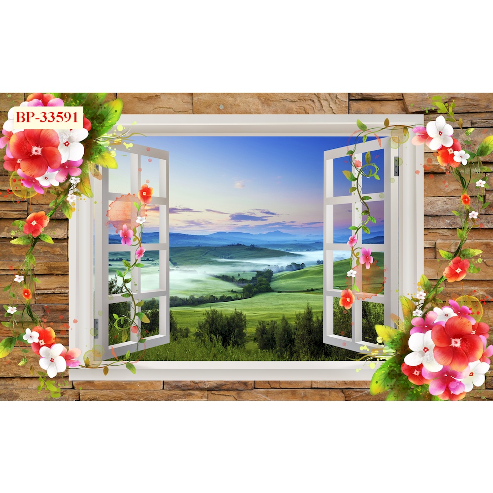 Tranh dán tường cửa sổ phong cảnh tưới mới