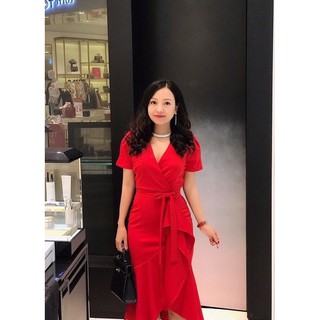 Đầm body cổ tim lai bèo thắt eo