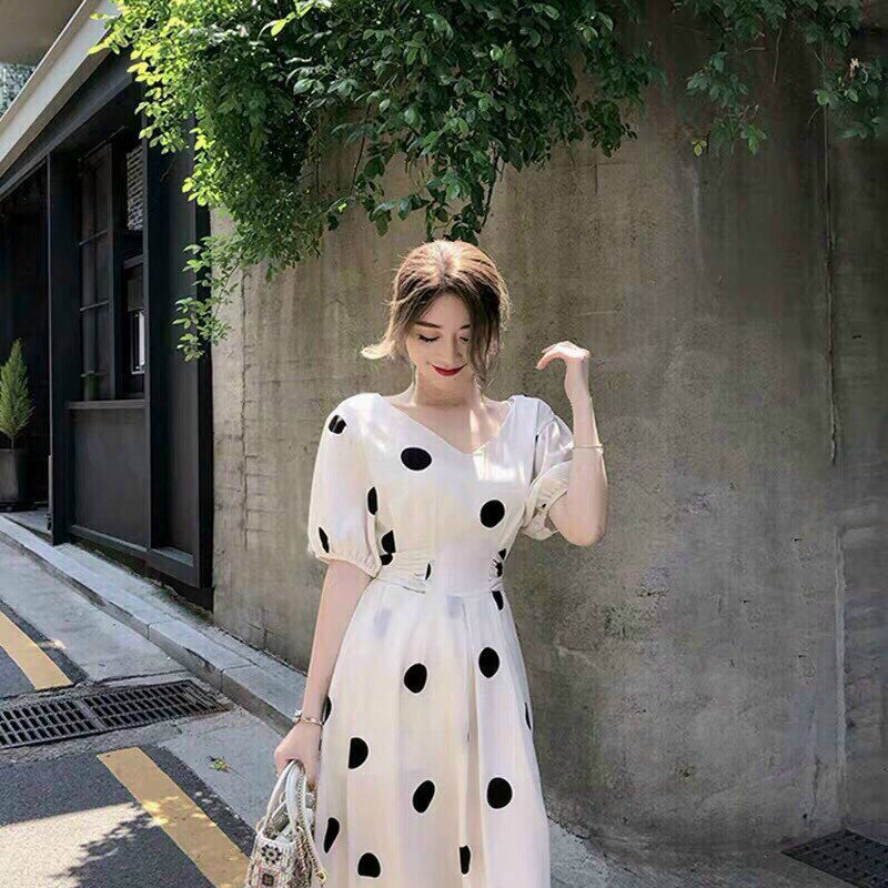 Đầm nữ công sở ,đầm trắng chấm bi cổ tròn dáng xờe dài