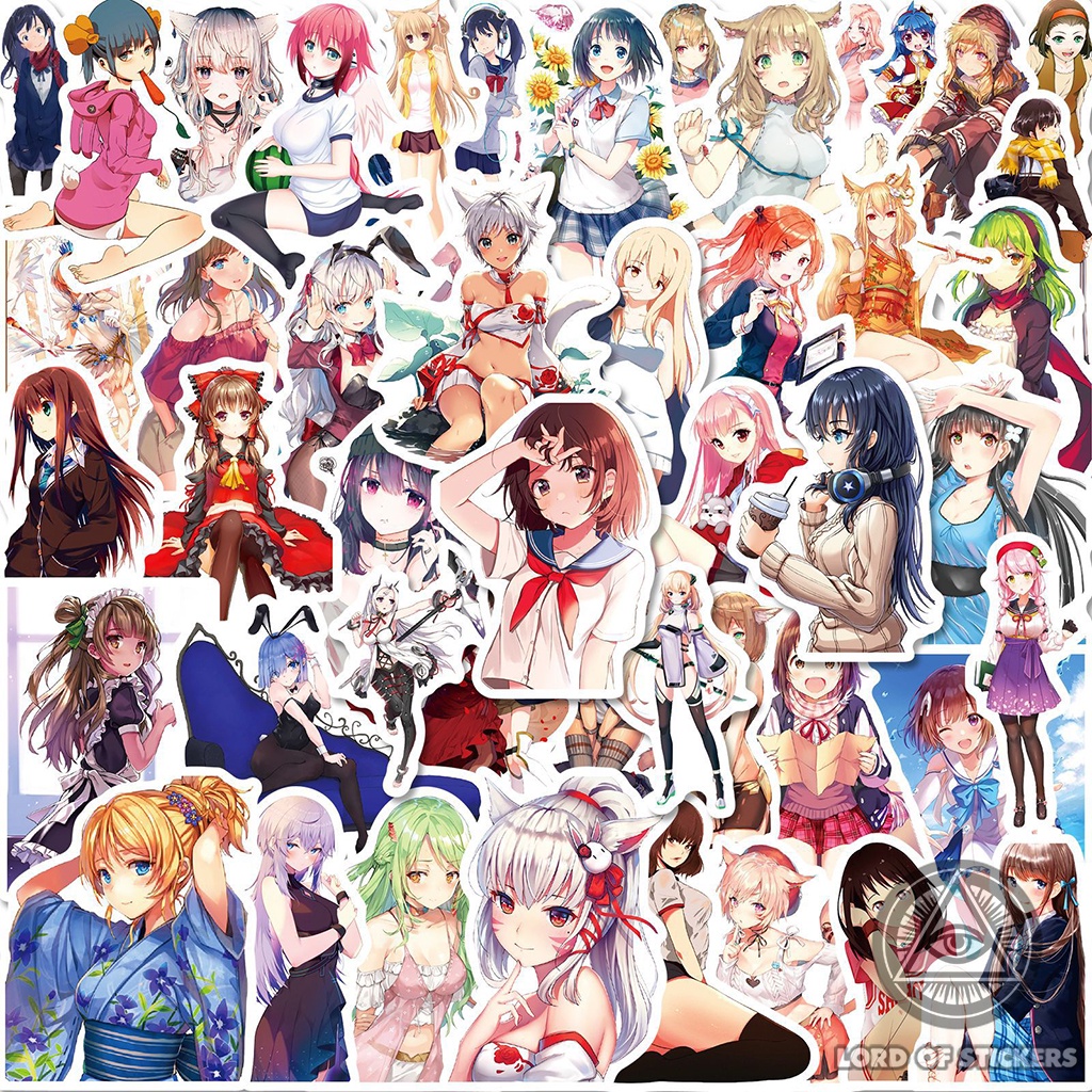 Set 50 Nhãn Dán Cute Anime Girl Waifu Sticker Manga Hình Cô Gái Dễ Thương Trang Trí Mũ Nón, Điện Thoại, Laptop, Sổ, Vali