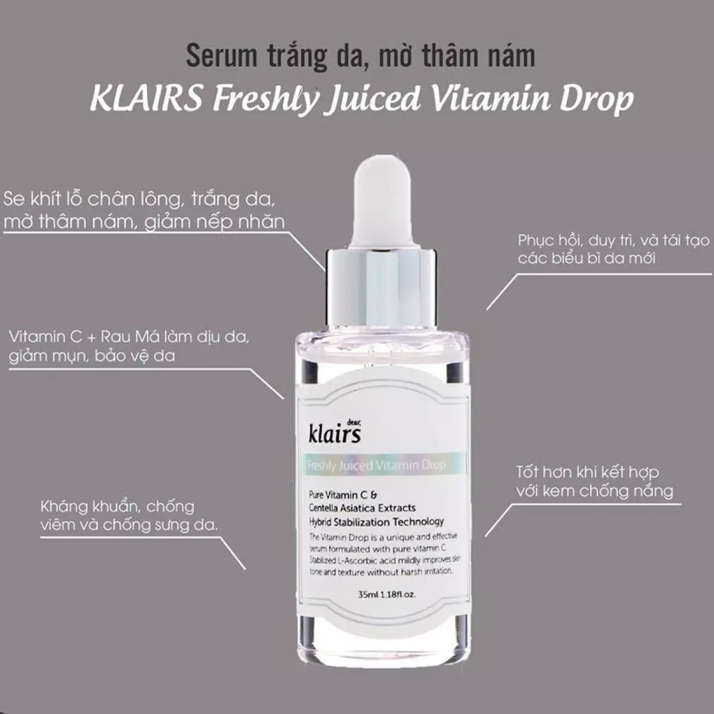 Klairs - Serum Vitamin C Dưỡng Trắng Da Klairs Freshly Juiced 35ml/Tinh chất trắng da, mờ thâm, đẩy lùi sắc tố đen