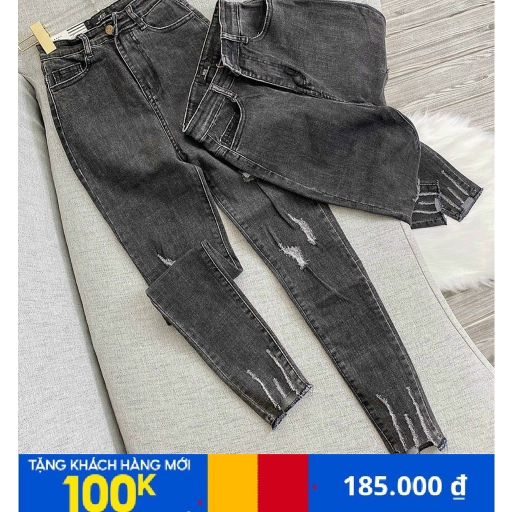 Quần Dài Jeans Nữ Bigsize, Xám Nhạt Rách Lai Tua Mẩu Mới, Lưng Cao Trên Rốn, Co Giãn Mạnh