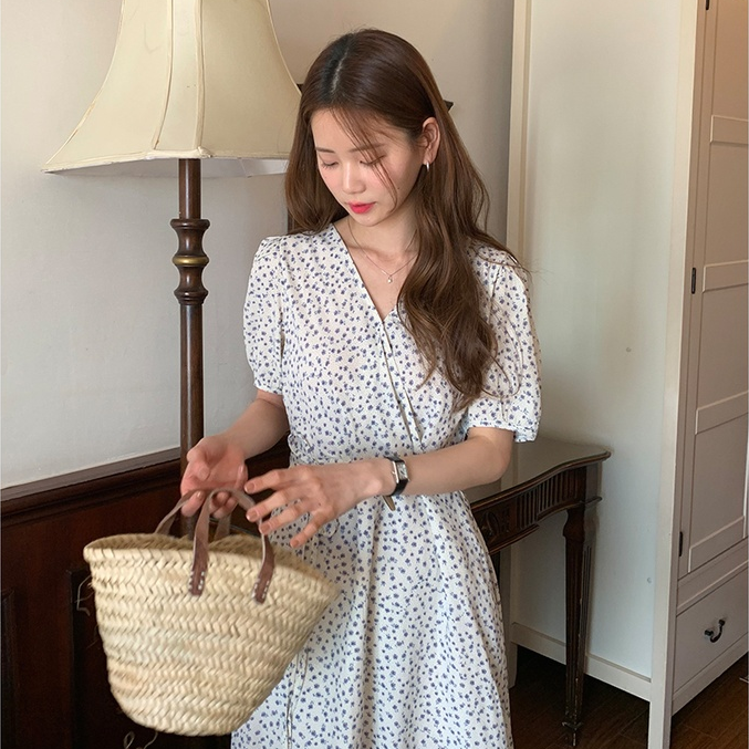 Đầm Hoa Tay Ngắn Cổ Chữ V Thời Trang Dành Cho Nữ