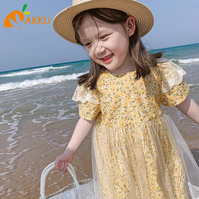 Đầm Cotton Phối Lưới In Hoa Xinh Xắn Cho Bé Gái Màu Vàng/Hồng