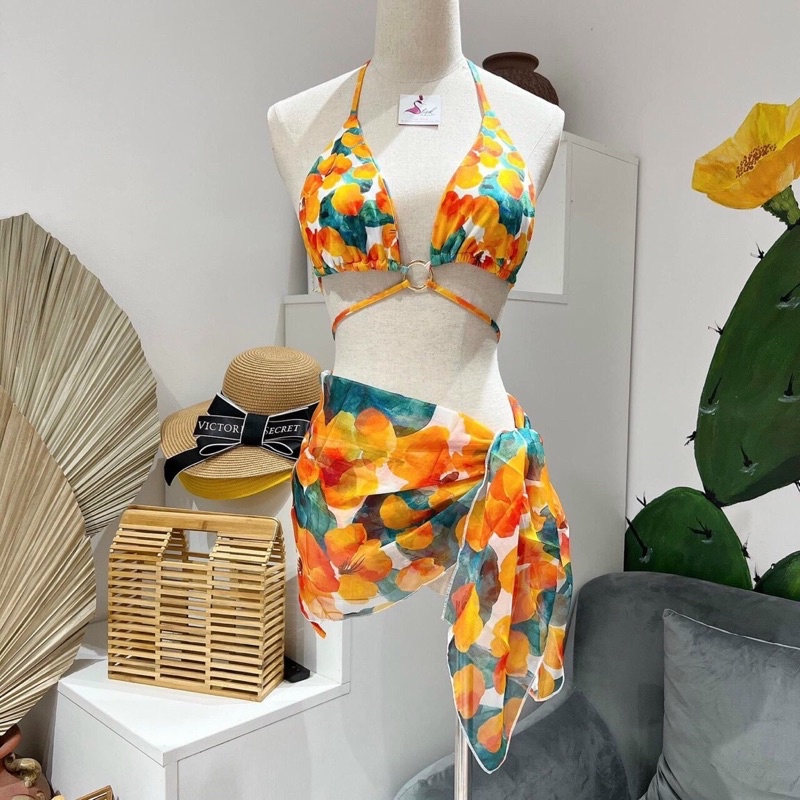 [ ẢNH THẬT + CHẤT ĐẸP ] Đồ bơi nữ, bikini 2 mảnh set 3 món, bikini cúp ngực hoa màu cam quyến rũ