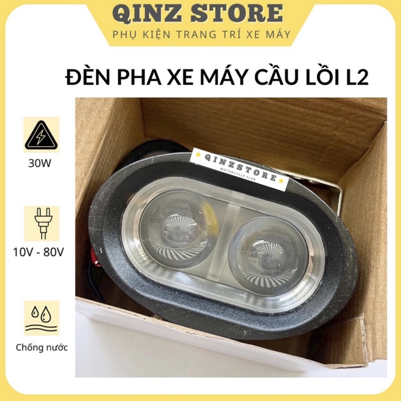 Đèn pha xe máy cầu lồi L2 30w, đèn led trợ sáng xe máy siêu sáng QINZSTORE