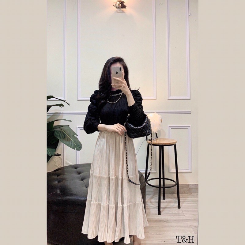 Chân váy nhung xoè dáng dài