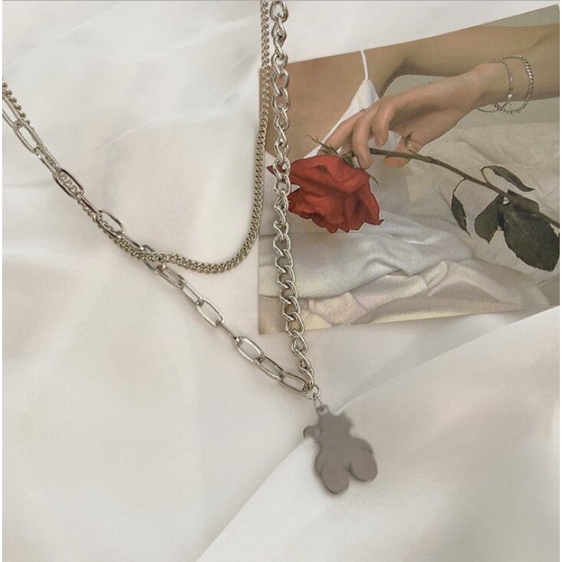 dây chuyền đôi cá tính dạng xích vòng cổ hình con gấu phong cách retro hàn quốc