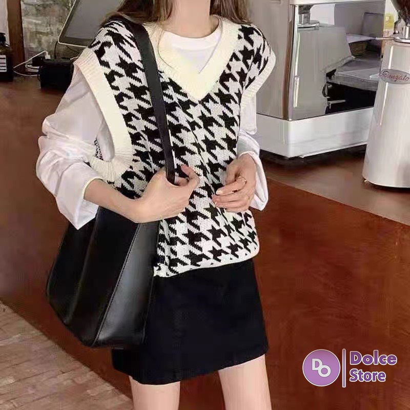 Áo gile nữ len cổ V không tay màu sắc vintage phong cách Hàn Quốc - Dolce