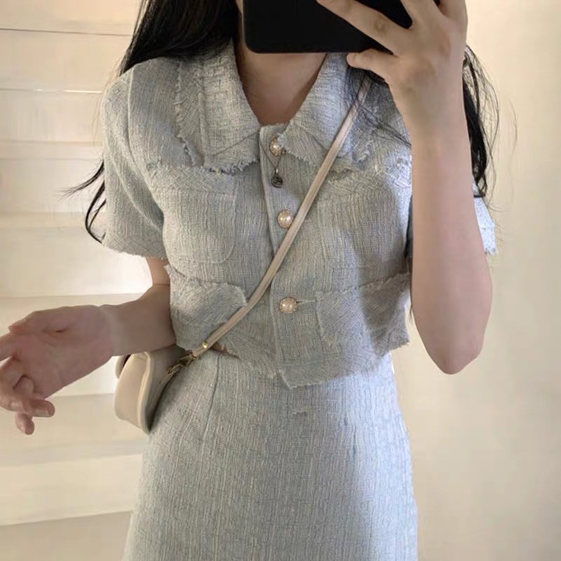 [SẴN S-Có ảnh thật] Set áo+ chân váy dạ tweed xanh babyblue nút ngọc vintage SAM SAM BOUTIQUE | BigBuy360 - bigbuy360.vn