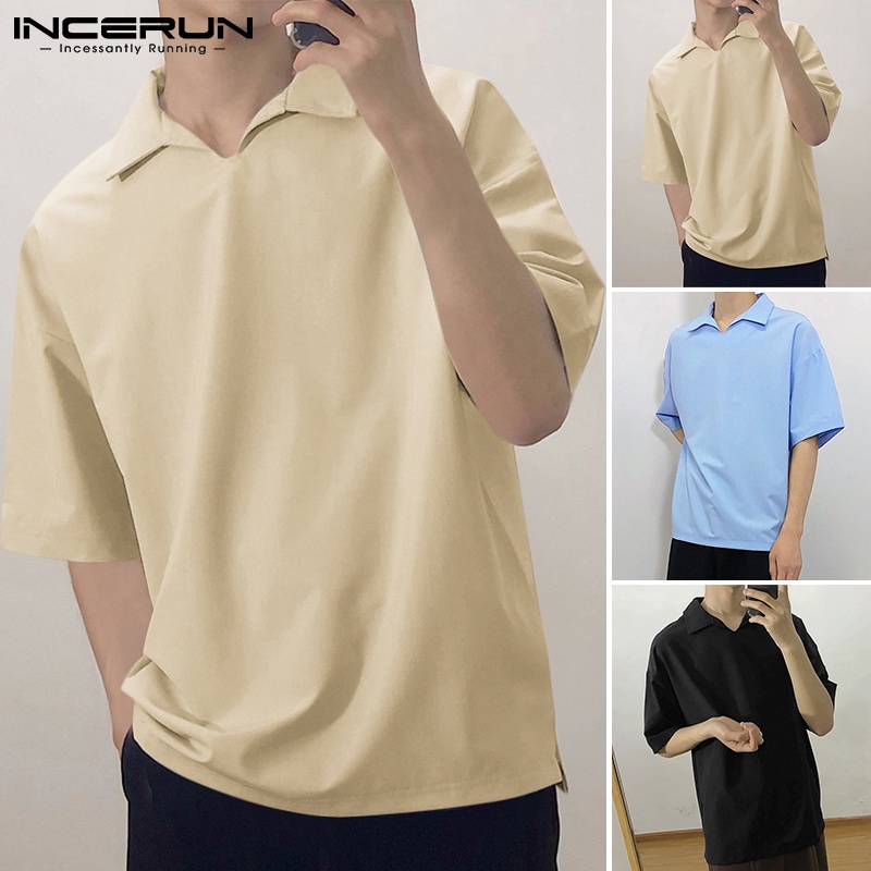 Áo thun Polo INCERUN tay ngắn dáng rộng trẻ trung với 4 màu cá tính dành cho nam