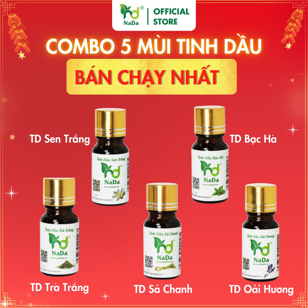 Combo 5 Tinh dầu Sả chanh, Trà trắng, Sen trắng, Bạc hà, Oải hương Nada Oils | Nguyên chất 100% từ thiên nhiên | 10ml