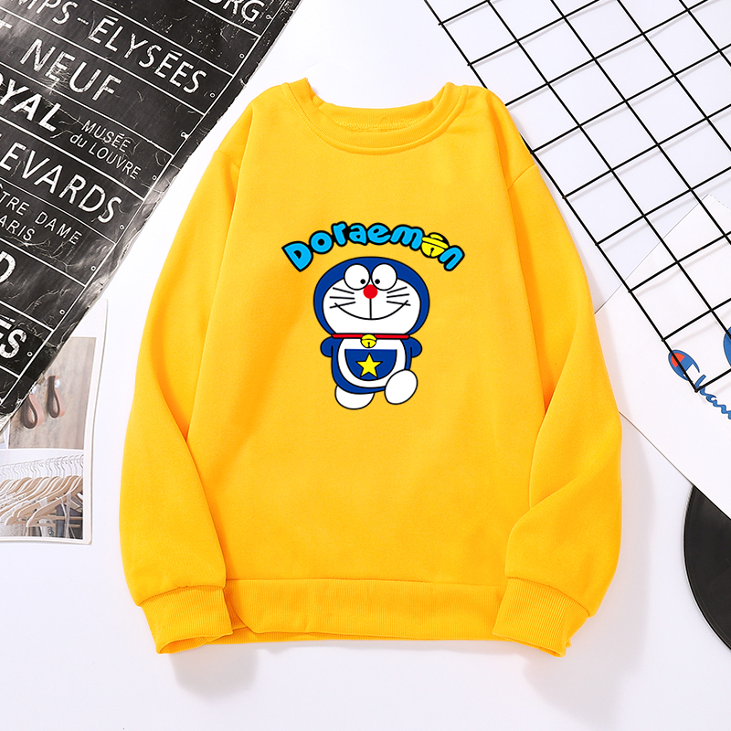Áo sweatshirts phối nhung tay dài in hình Doremon phong cách thu đông thời trang cho cặp đôi