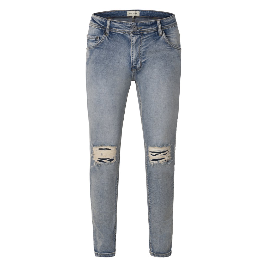 Quần Jean Nam Streetwear Cao Cấp FNOS NZ19 Màu Xanh Sáng - Rách Gối Form Slimfit - Jean Thun Co Giãn. | BigBuy360 - bigbuy360.vn