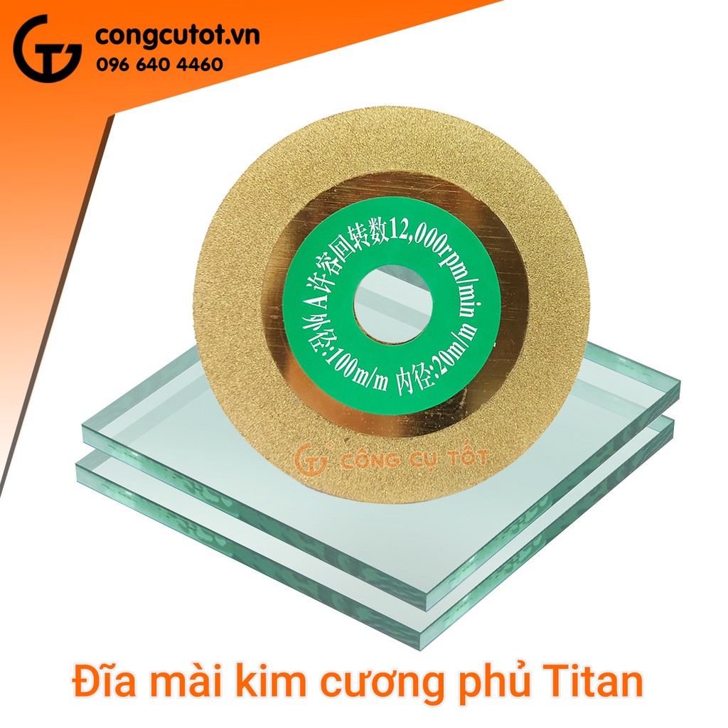 Đĩa mài kính kim cương phủ titan vàng hạt mịn 120 µm, Ø100mm, dày 1mm,  trục 20mm, 12000 vòng/phút