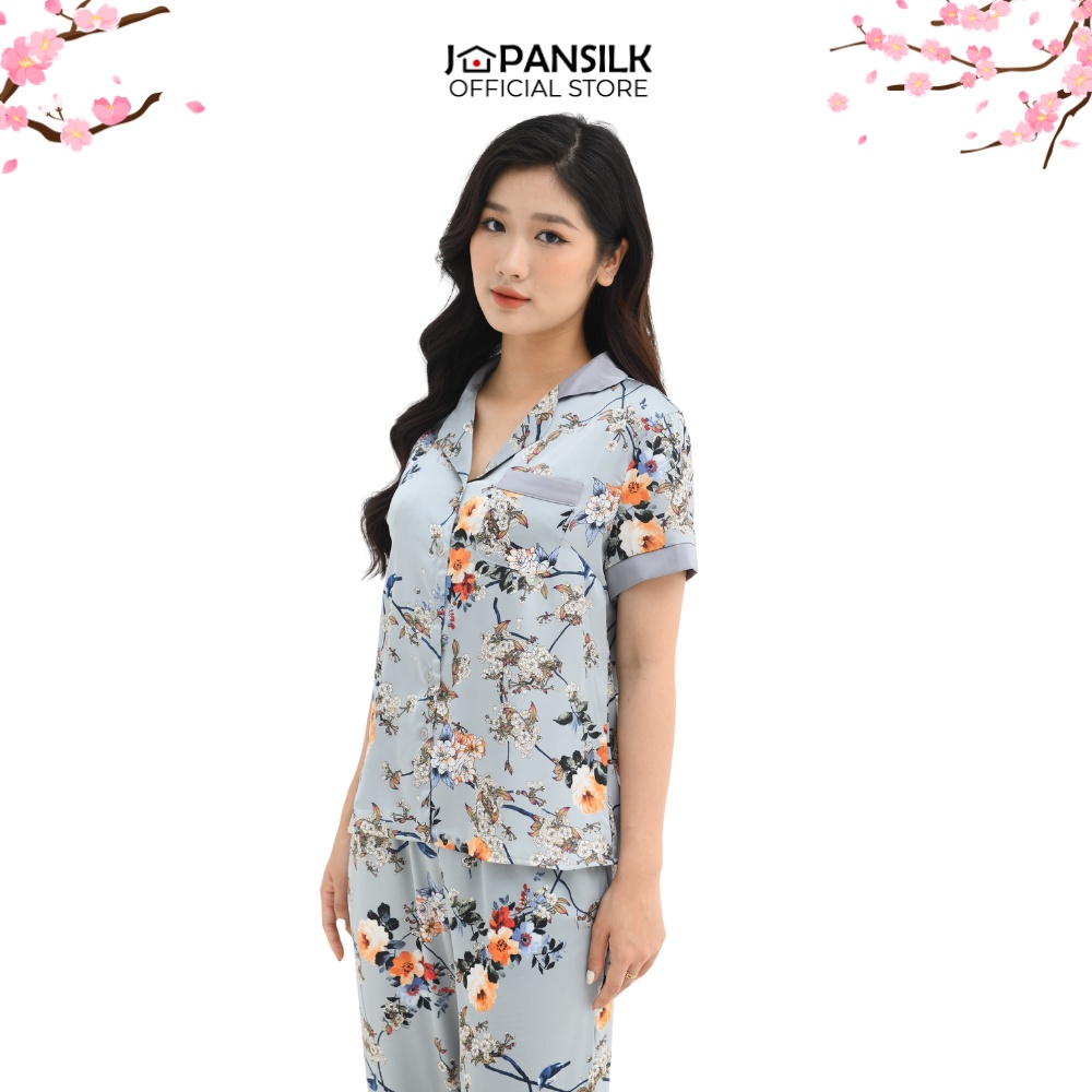 Bộ đồ ngủ Bigsize Pijama lụa Nhật cao cấp JAPANSILK, ngắn tay quần dài họa tiết xuân xanh CD023