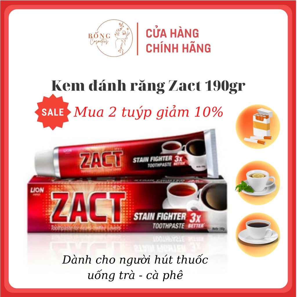 Sản phẩm dành cho người uống trà, cafe, hút thuốc lá, Kem đánh răng ZACT 190g, nhập khẩu chính hãng Bống cosmestics