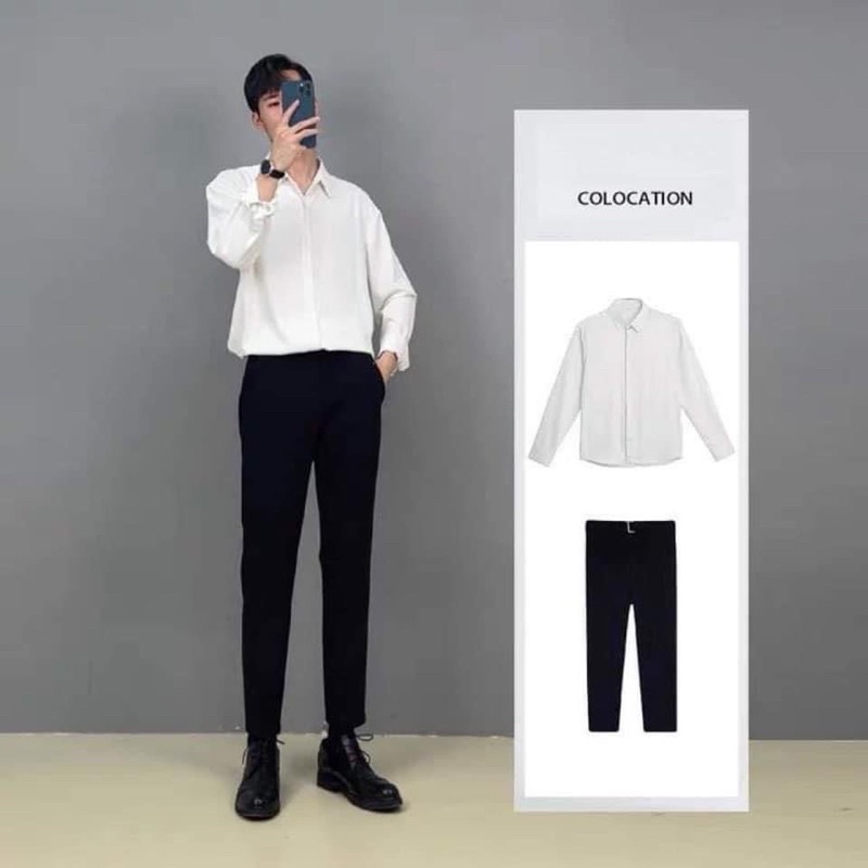 áo sơ mi nam giấu cúc màu trắng đen nâu đẹp công sở hàn quốc cao cấp from đứng côn suông rộng lụa co giãn