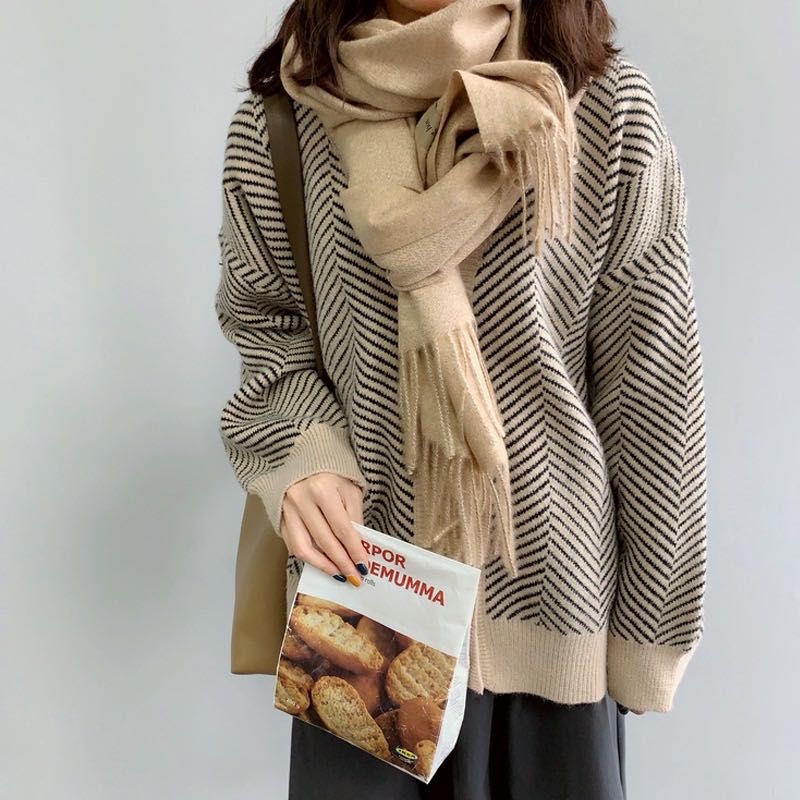 Áo Sweater Dài Tay Kẻ Sọc Xinh Xắn Dành Cho Nữ Áo Sweater Dáng Rộng Phong Cách Retro Cá Tính